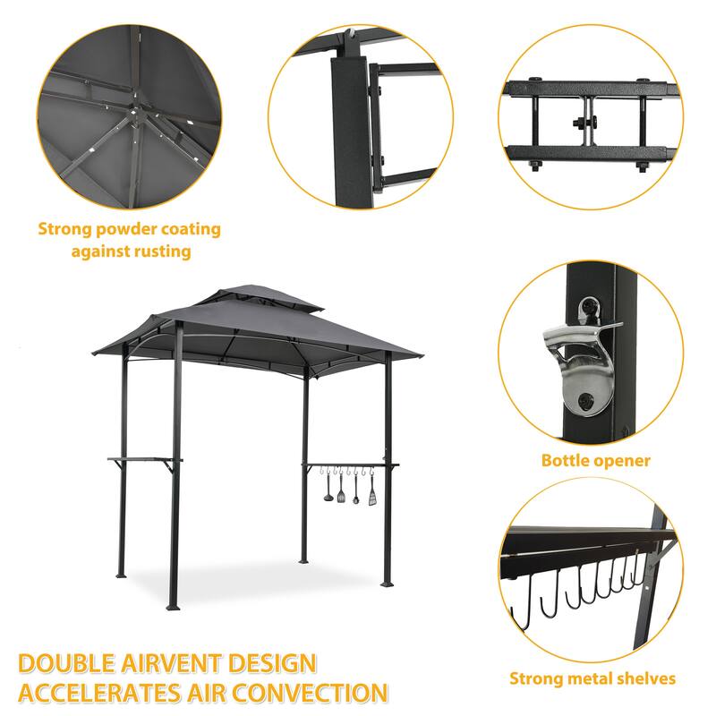 Outdoor Grill Gazebo 8x5 Ft, Double Tier Soft Top Canopy with Steel Frame, Bar Counters & Hook for BBQ