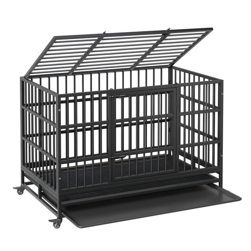Heavy Duty Dog Crate withDouble Door Wheels ChewProof Metal Kennel for Small Dogs Easy to Assemble
