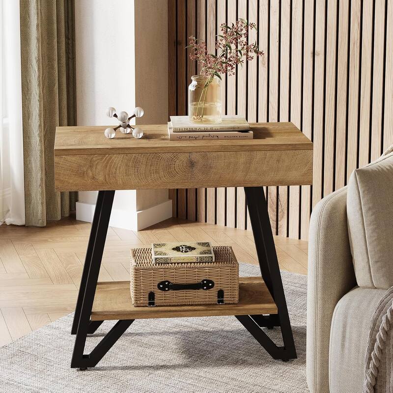 Modern Narrow End Side Table with Metal Frame and Storage Shelf, Brown - 23.6" L × 11.8" W × 23.6" H - Brown and Black