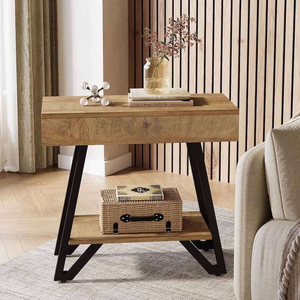 Modern Narrow End Side Table with Metal Frame and Storage Shelf, Brown - 23.6" L × 11.8" W × 23.6" H
