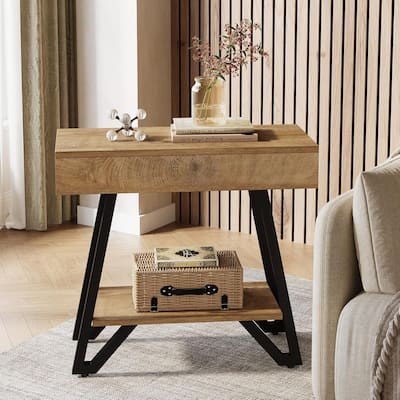 Small End Side Table, Bedside Nightstand, Narrow Couch Arm Side Table with Storage Shelves
