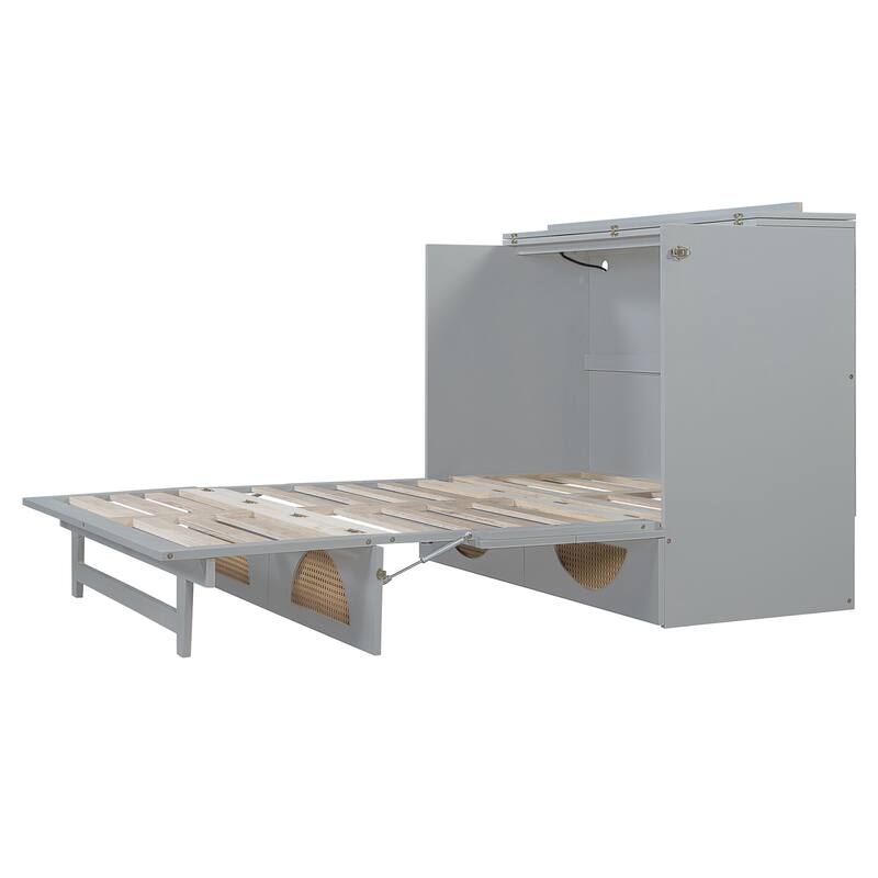 Gray Full Size Murphy Bed with Large Drawer, USB Ports, and Outlets