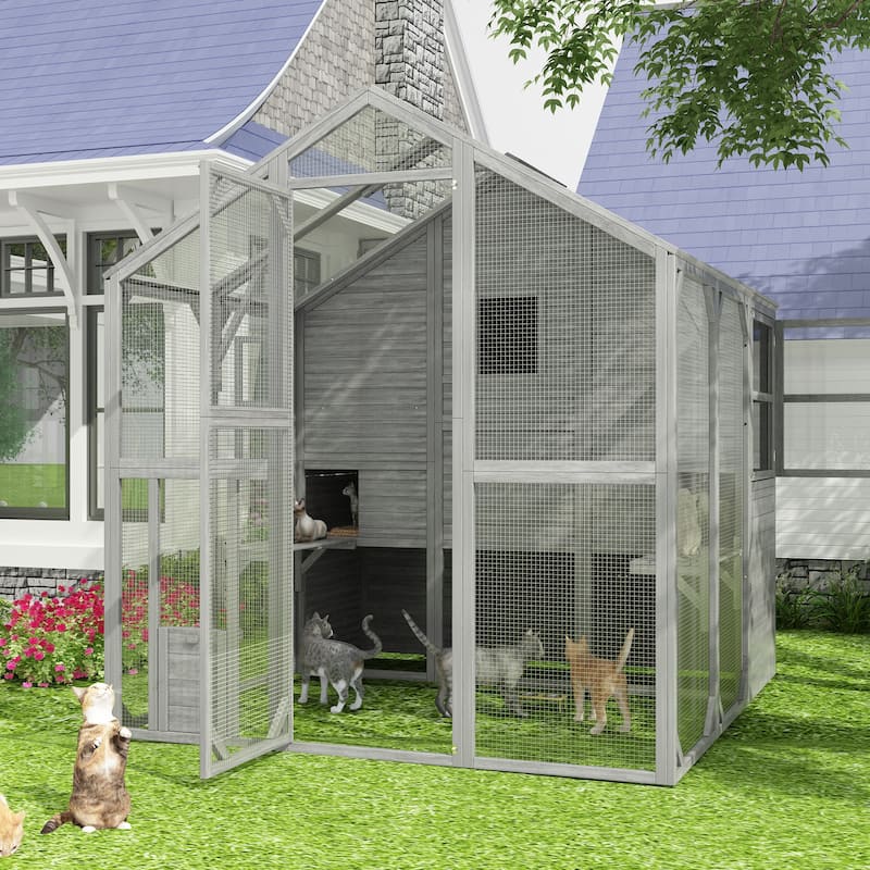 Large Outdoor Wooden Chicken Coop & Cat Enclosure with Run, 2 Colors Pet Cage - Grey