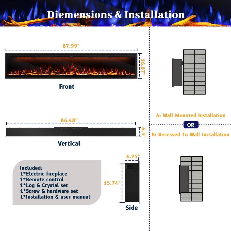 Clihome 42-88" Recessed Wall-Mounted Control Electric Fireplace - 88 in.