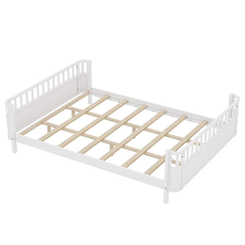 Multi Size Low Platform Bed for Kids with Rounded Corners Guardrails, Detachable Right-side Fence and Open Left-side Design