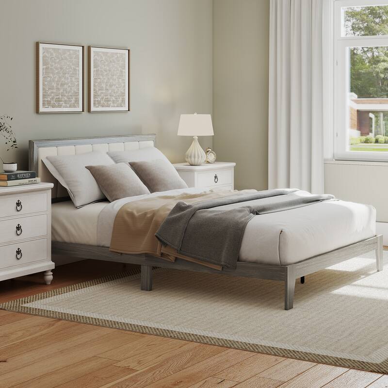 HOMCOM Queen Size Bed Frame with Upholstered Headboard, Platform Bed Frame with Wooden Slats, No Box Spring Needed