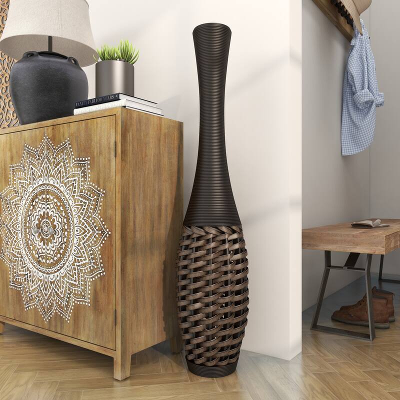 Brown Faux Seagrass Tall Woven Floor Decorative Vase with Dark Brown Wrapped Neck