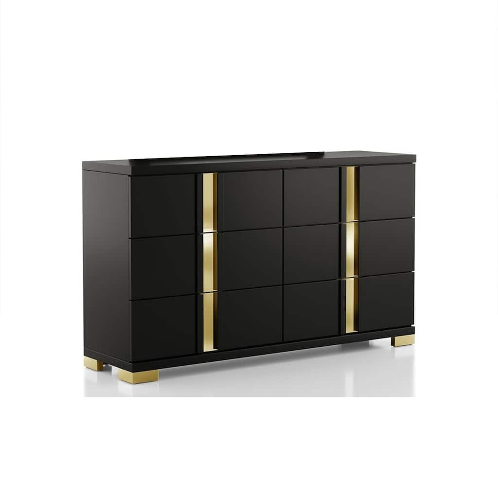 Yoki Wide Dresser, 6 Drawers, Modern Glam Black and Gold