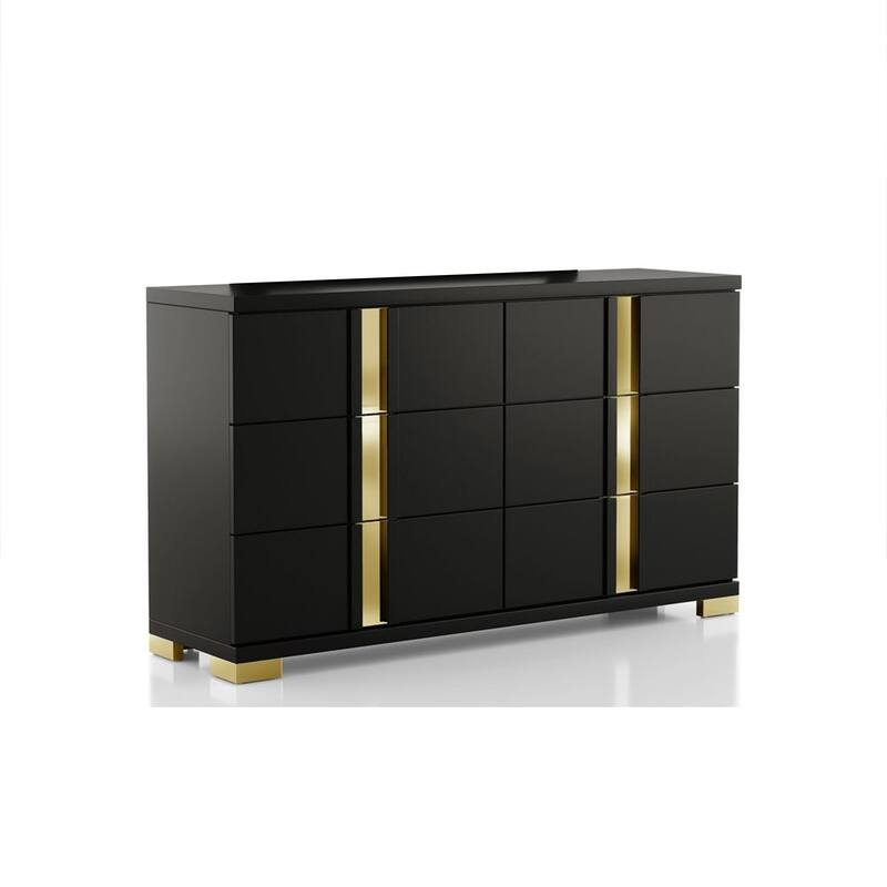 Yoki Wide Dresser, 6 Drawers, Modern Glam Black and Gold
