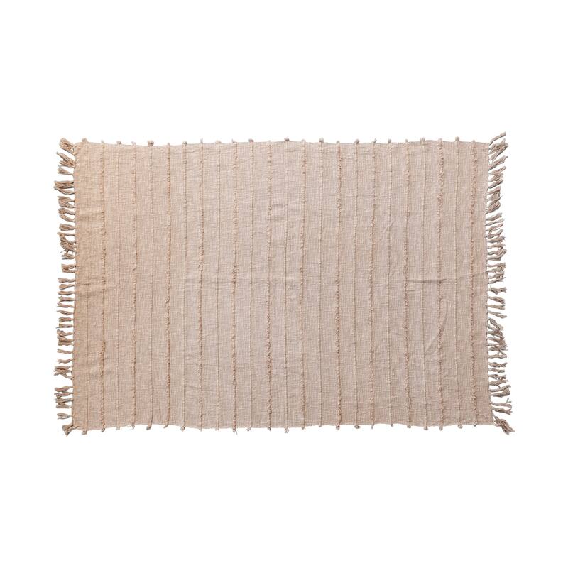 Stonewashed Woven Cotton Slub Throw with Pom Pom Trim and Fringe - Beige - 60.0"L x 50.0"W x 0.5"H
