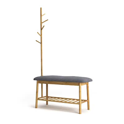 Furniture of America Fenni Contemporary Natural Bamboo Hall Tree with Shoe Storage Bench and Linen Cushion