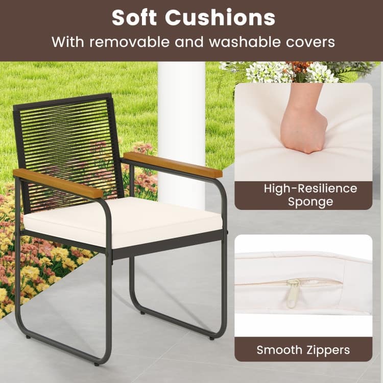 Black PE Rattan Metal 3-Piece Patio Bistro Set with Off-White Cushions and Glass Table - Table: 18" × 15"