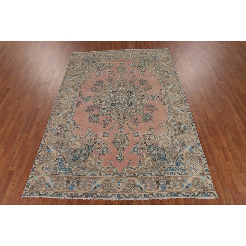 Distressed Pink Tabriz Persian Vintage Area Rug Handmade Wool Carpet - 6'6"x 9'8"