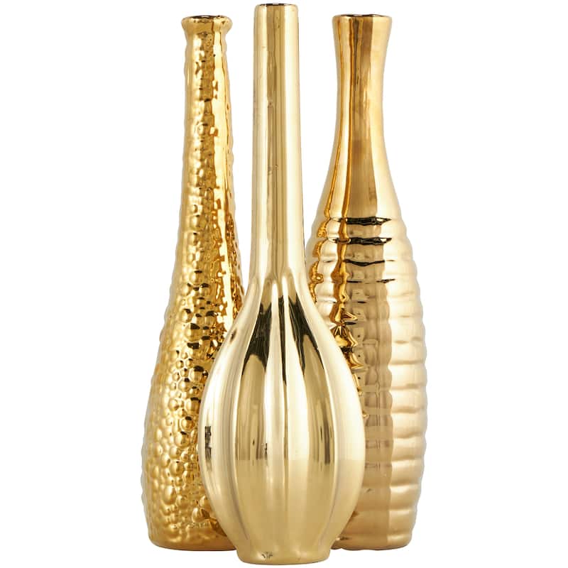 Ceramic Slim Textured Bottleneck Vase with Varying Patterns - Set of 3 Silver, Gold, White - Roche River Decor