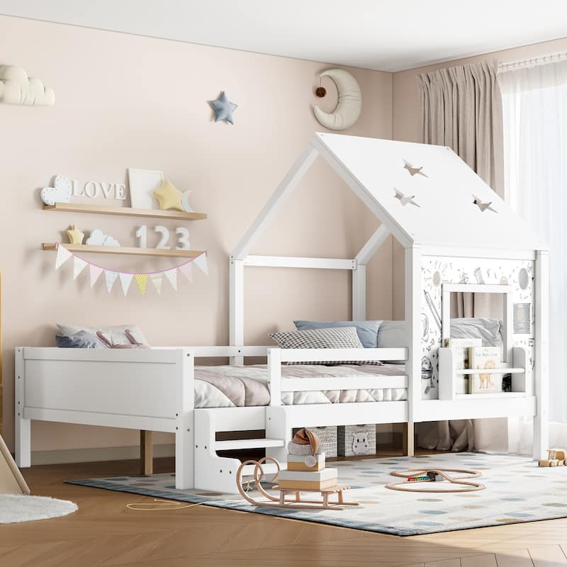 Low Profile Stairs Platform Bed Wood House Bed with Cute Star-shape Roof, Window, Bookcase and Blackboard for Boys and Girls