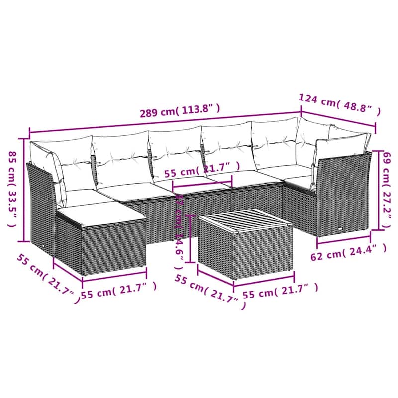 vidaXL Patio Sofa Set with Cushions Outdoor Furniture 8 Piece Poly Rattan - 24.4" x 24.4" x 27.2"