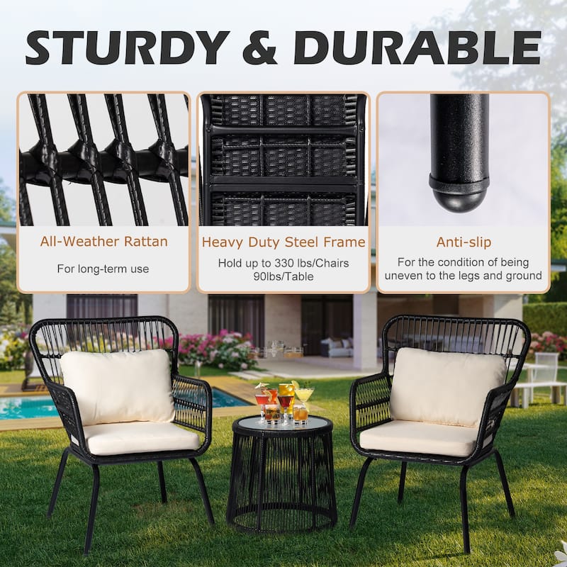 3 Piece Outdoor Wicker Conversation Bistro Set, All-Weather Rattan Furniture Patio Chairs Set with Cushions