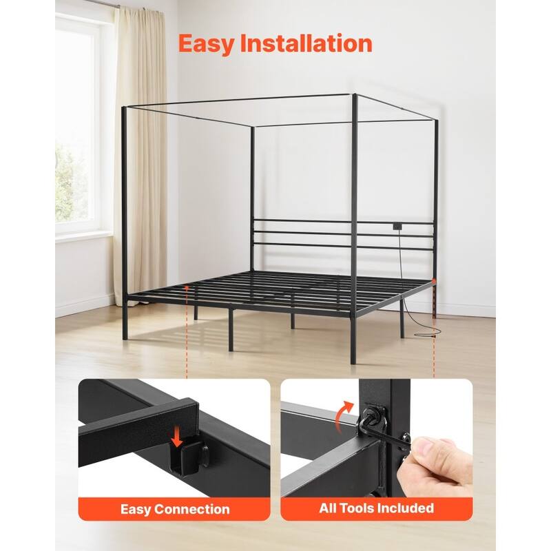 Black Metal Canopy Bed Frame King Size with 12.4 Inch Storage Space and Strong Slats