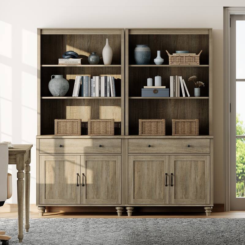 Wash Gray Bookcase with Doors, Large Wood Farmhouse Book Case Shelf - wash grey