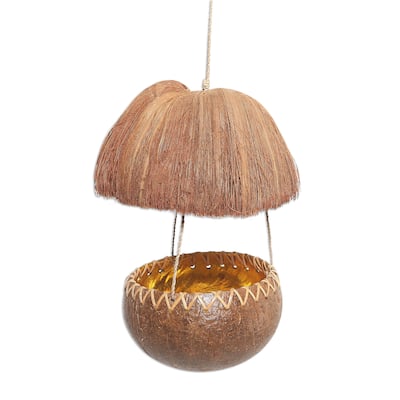 Novica Handmade Forest Hut Coconut Shell Bird Feeder