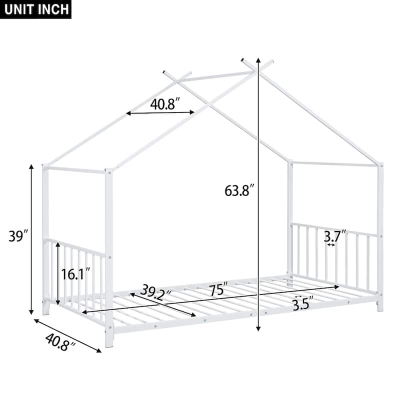 Twin Size Metal House Platform Bed, White
