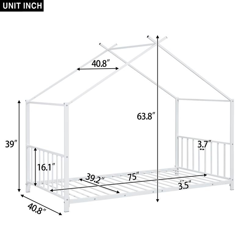 Twin Size Metal House Platform Bed with Roof Design, House Bed with Slats Support for Kids Teens