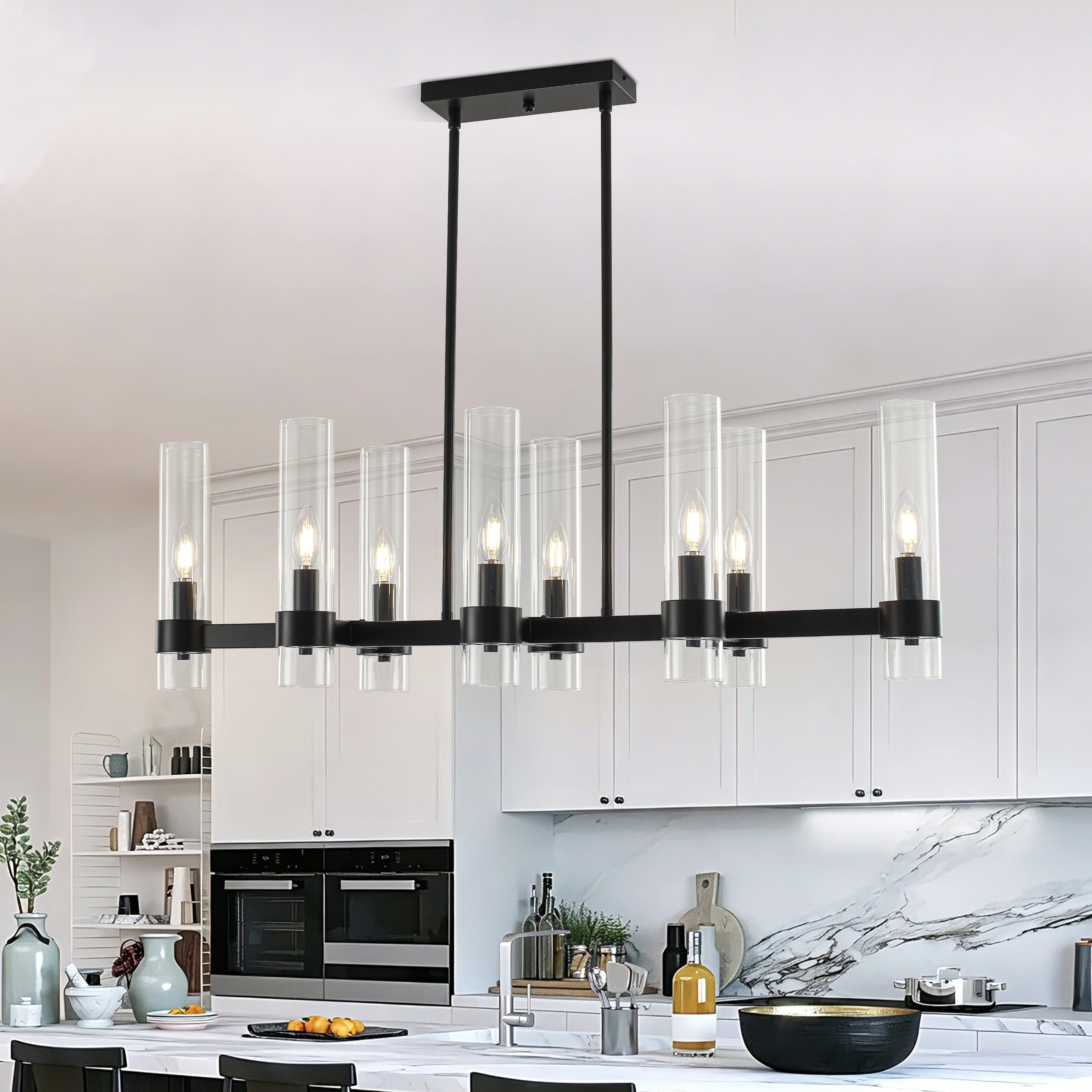 8-Light Black Linear Kitchen Island Glass Chandelier - 12.24 Wide