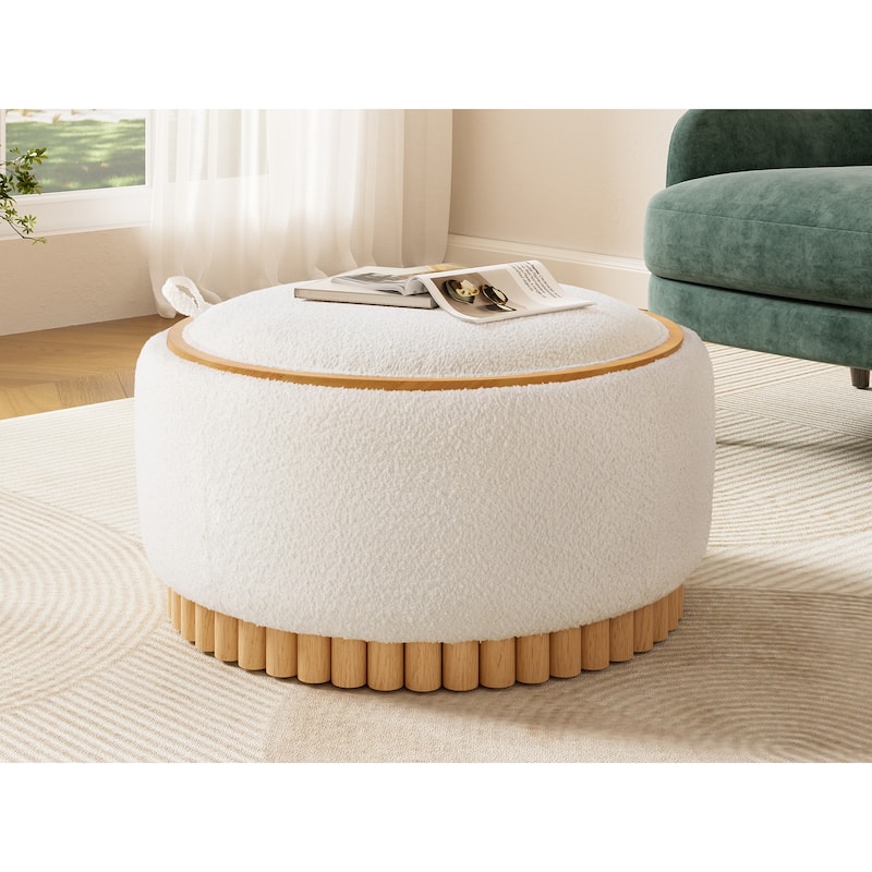 Roomfitters 29 Inch Round Storage Ottoman with Reversible Wooden Tray Top, Upholstered Coffee Table for Living Room