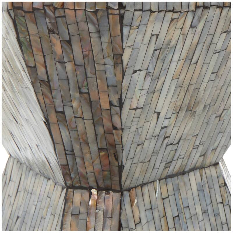 Gray Mother of Pearl Shell Hourglass Geometric Accent Table with Linear Mosaic Pattern