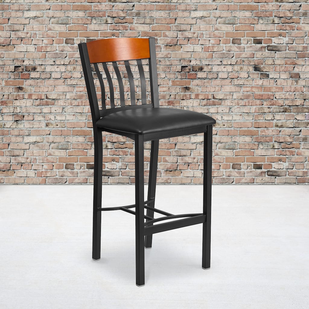 Vertical Back Metal and Wood Restaurant Barstool with Vinyl Seat