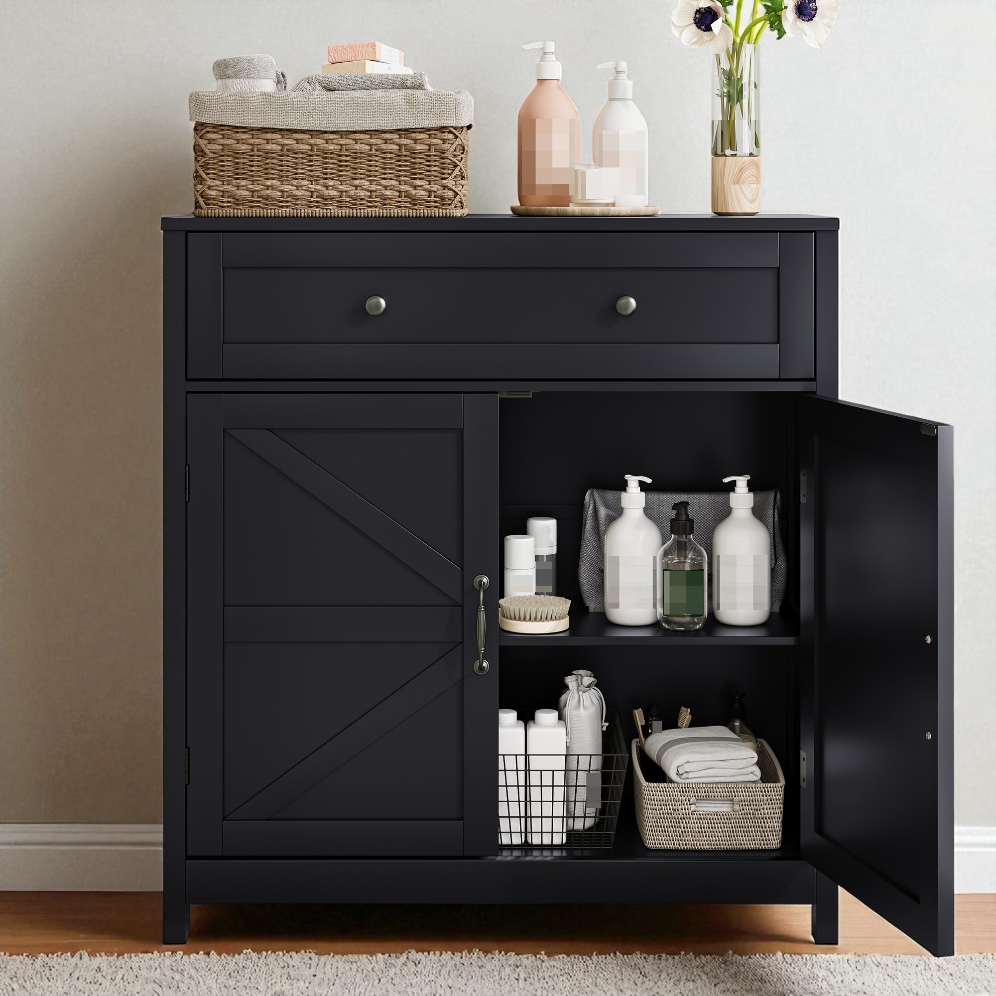 30" Farmhouse Kitchen Buffet Sideboard with Drawer & Barn Doors, Rustic Storage Cabinet with Adjustable Shelf for Entryway