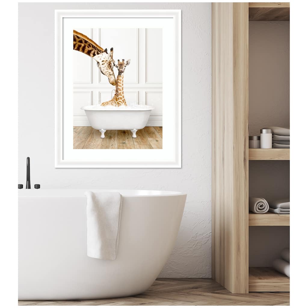 Kate and Laurel Mother and Baby Giraffe in Traditional Vintage Bathtub by Amy Peterson Framed Wall Art Print