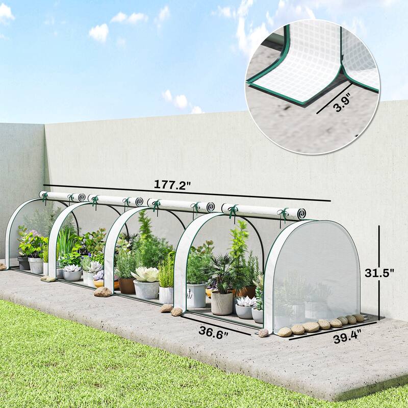 Outsunny Mini Greenhouse, 177.2" x 39.4" x 31.5" Portable Greenhouse with 4 Roll-Up Doors, PE Cover
