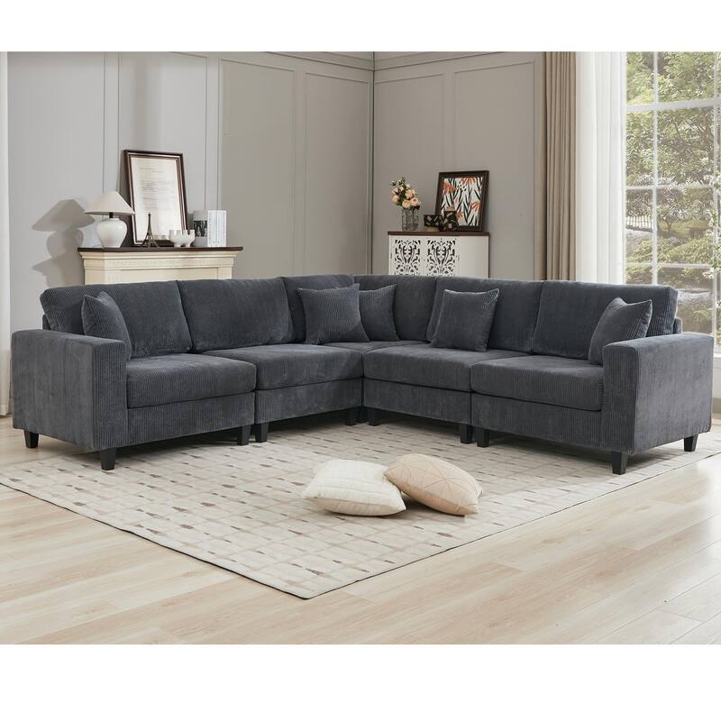 Oversized Modular Sectional Sofa Set, L Shaped, Corduroy Upholstered, 5 Seat, Gray