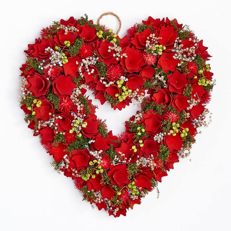 15" Valentines Wood Curl Heart Wreath with Floral Accents - 15