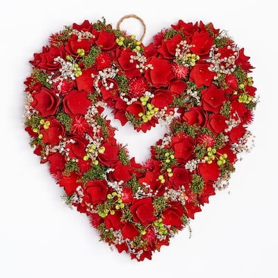 15" Valentines Wood Curl Heart Wreath with Floral Accents - 15