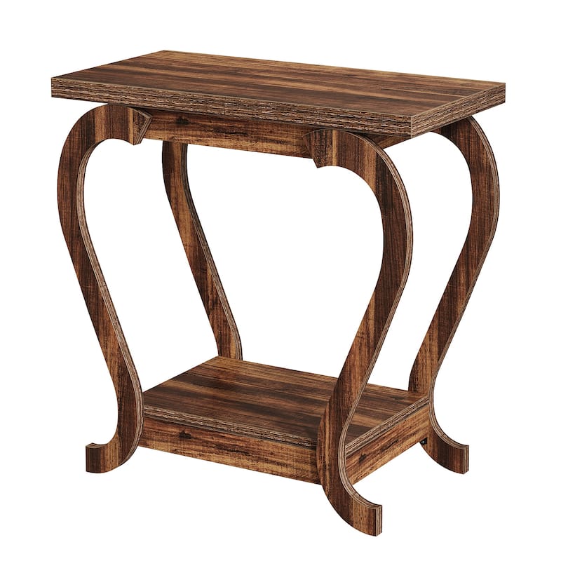 2-Tier End Table, Narrow Wood Side Table with Storage Shelves