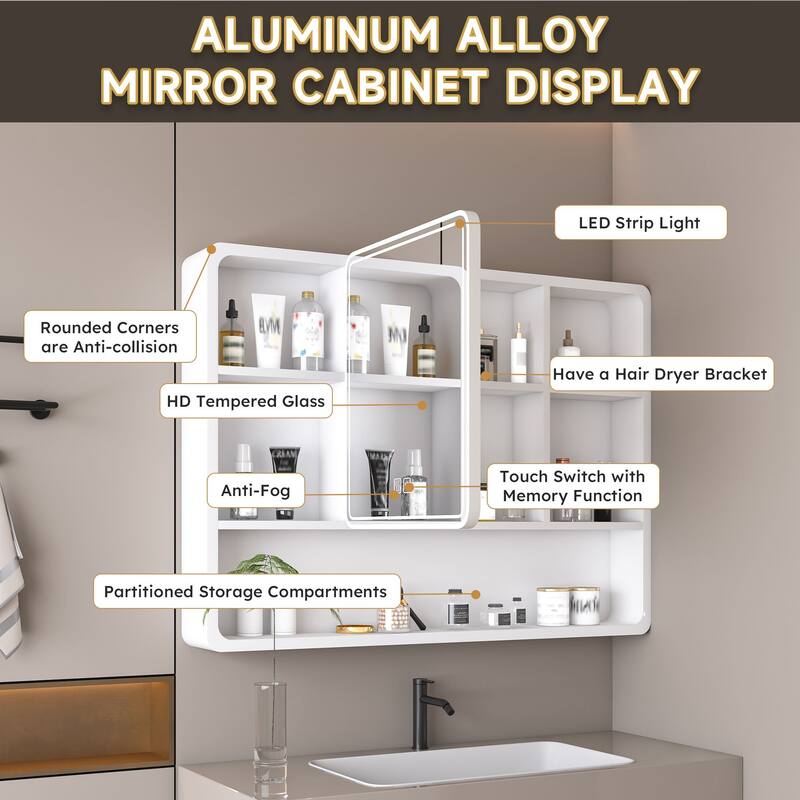 Bathroom Medicine Cabinet with LED Lighting, Defogger, Cosmetic Storage Rack & Hair Dryer Holder - 27.56X35.43 in