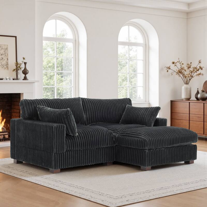 Plush Corduroy Upholstered Modular Sectional Sofa with Chaise - Right Facing - Grey-2 Pieces