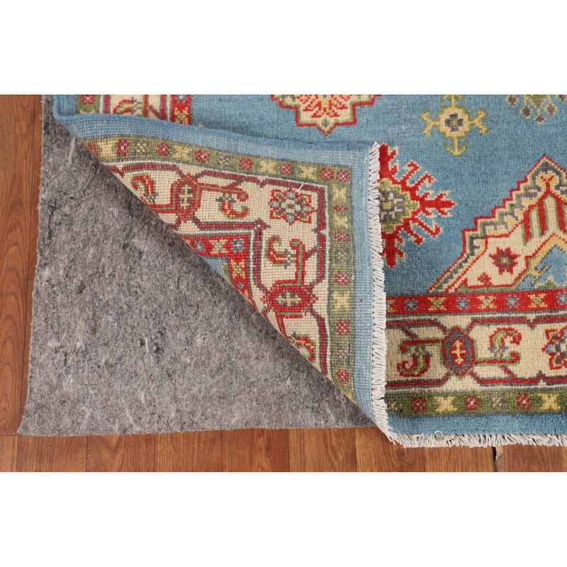 Light Blue Geometric Kazak Area Rug Hand-Knotted Oriental Wool Carpet - 4'3" x 6'4"