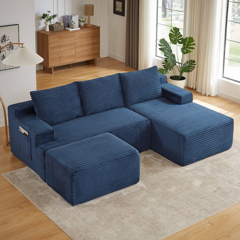 Corduroy Upholstery Cloud Modular Sectional Sofa with Chaise and Pillows, All-Foam Compression Design