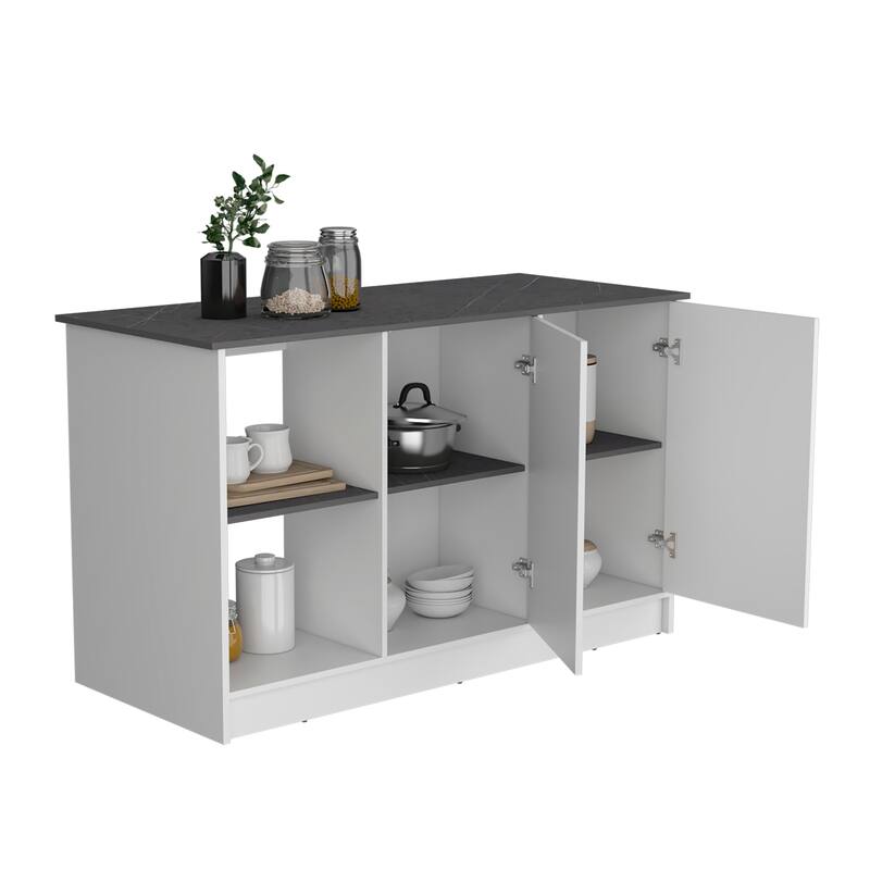 Spacious Kitchen Island with Double Door Cabinet, Open Shelves, Large Top - Black and Ibiza Marble