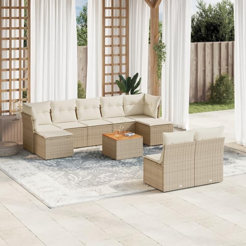 vidaXL Patio Sofa Set with Cushions Outdoor Furniture 10 Piece Poly Rattan - 24.4 x 24.4 x 27.2 - Beige and Cream