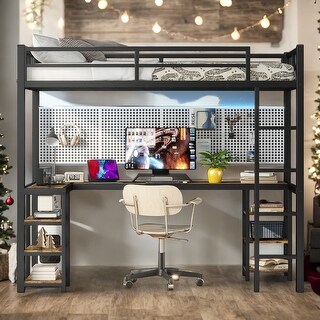 Twin XL Metal Loft Bed with Desk and Shelves, Loft with Ladder and Guardrails for Bedroom