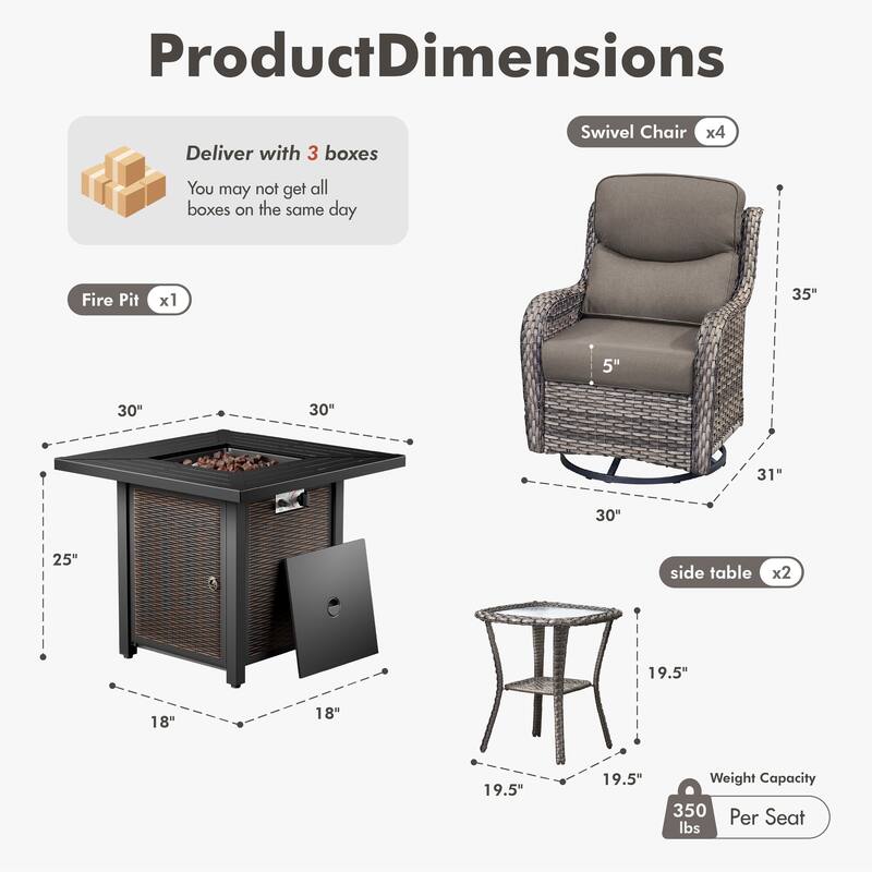 Meyreso 7-Piece Outdoor Patio Wicker Fire Pit 4 person Conversation Set with 5-Inch Thick Cushions