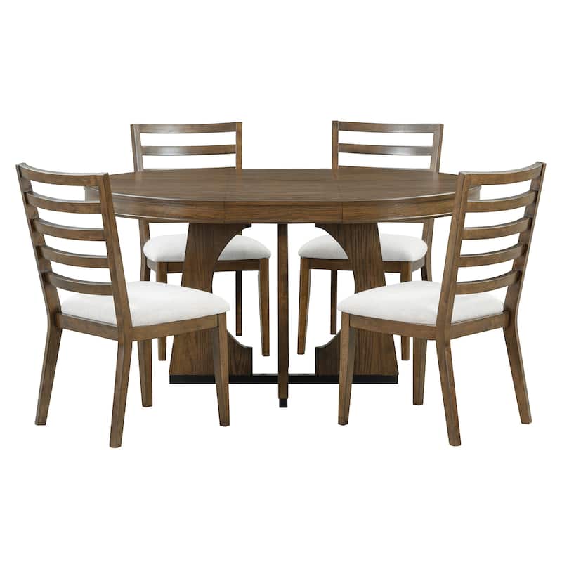 Walnut Dining Set with Extendable Round Table & 4 Upholstered Chairs