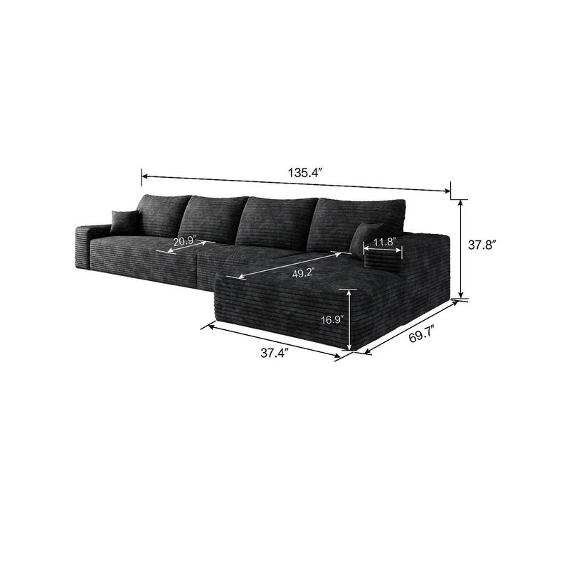 Floor Standing Corduroy Upholstered Modular Deep Seat Sofa L-shaped Sectional Couch with Chaise for Living Room, Apartment