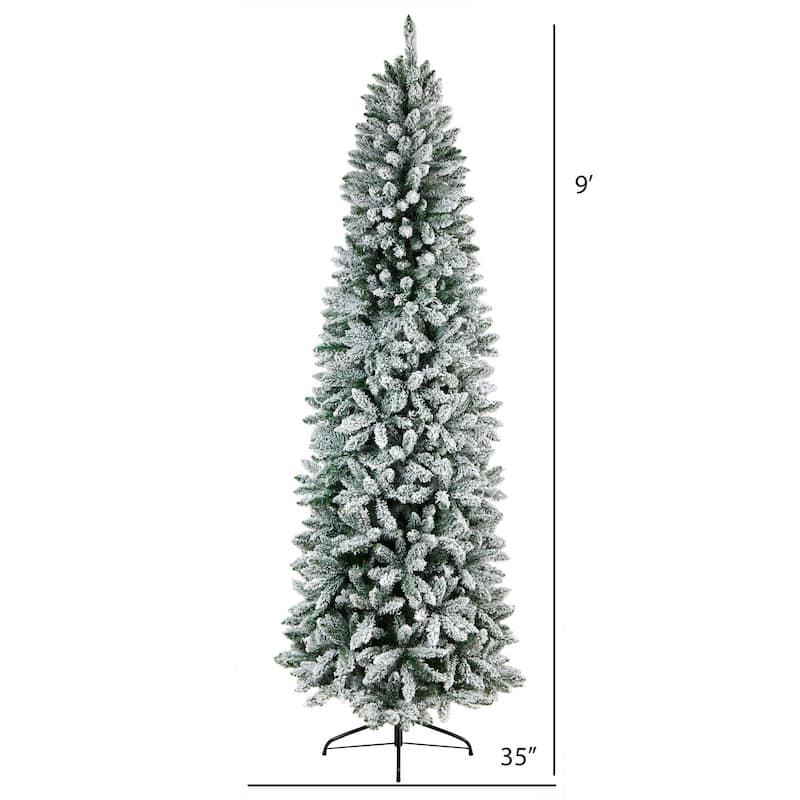 9ft. Slim Flocked Fir Artificial Christmas Tree with 1860 Bendable Branches - Tall Elegant X-Mas Holiday Glow