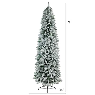 9ft. Slim Flocked Fir Artificial Christmas Tree with 1860 Bendable Branches - Tall Elegant X-Mas Holiday Glow