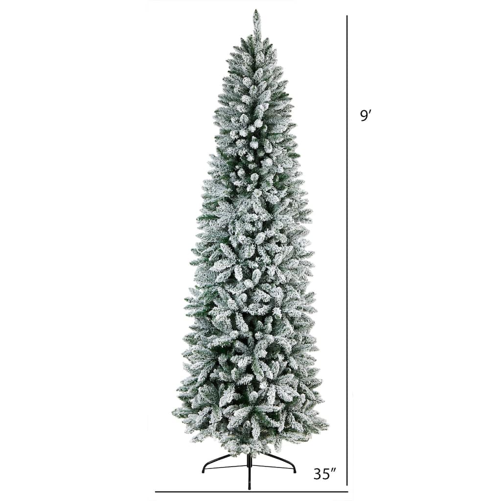 9ft. Slim Flocked Fir Artificial Christmas Tree with 1860 Bendable Branches - Tall Elegant X-Mas Holiday Glow